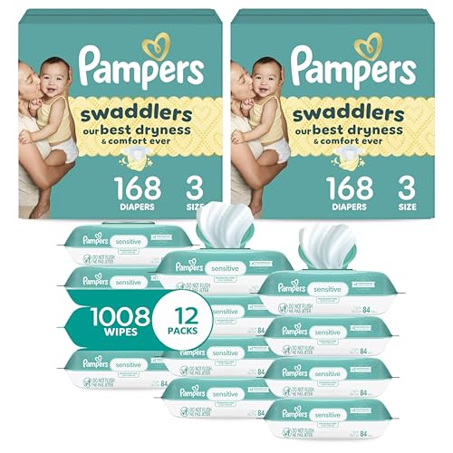Image of Pampers Swaddlers Disposable Baby Diapers Size 3, 2 Month Supply (2 x 168 Count) with Sensitive Water Based Baby Wipes 12X Multi Pack Pop-Top and Refill (1008 Count)