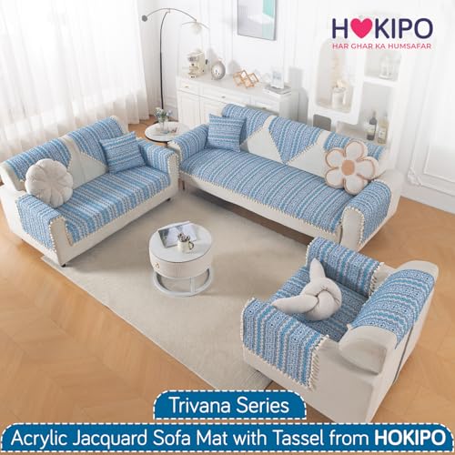 Image of HOKIPO Sofa Cover Mat with Tassel | 300 GSM Cotton Acrylic Jacquard for 2 Seater Sofa,'Trivana Series' Aqua Blue (IN-934-J7*S)