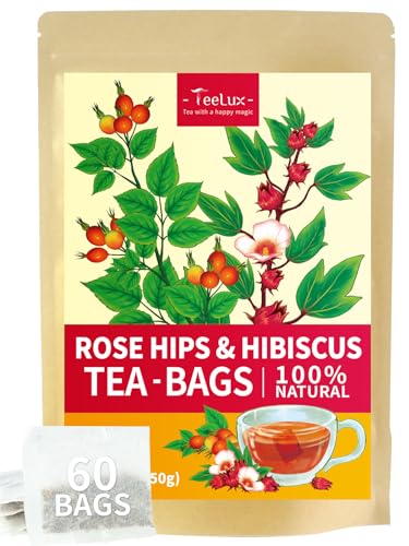 Image of TeeLux Rosehip & Hibiscus Tea Bags, Tart & Fruity Taste, 60 Count | Rosehip & Hibiscus Blend Herbal Tea, Caffeine Free, Sugar Free, Enjoy Hot or Iced