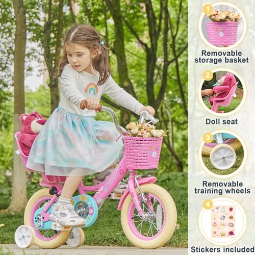 Image of Glerc Maggie Girls Bike, 12-20 Inch Kids Bike for 2-13 Years Old Children, Princess Style Kids Bicycle with Doll-Seat & Basket & Training Wheels, Multiple Colors