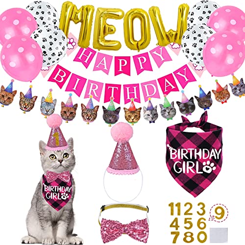 STMK Cat Birthday Party Supplies, Cat Birthday Hat Bandana Bow Ti...