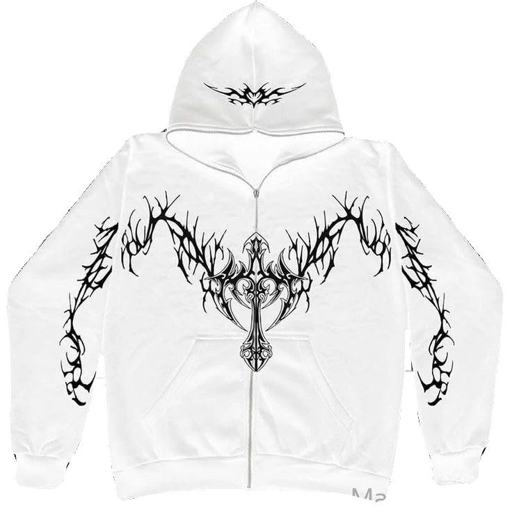Y2K Gothic Punk retro printed zipper hoodie men's loose casual sweater
