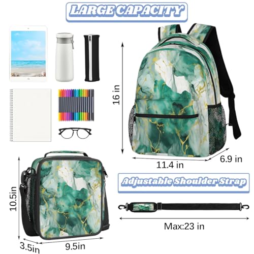 Green Marble Backpack with Lunch Box Travel Backpack Bookbag & Lunch Bag Insulated Lunchbox Waterproof Daypack Laptop Backpack2