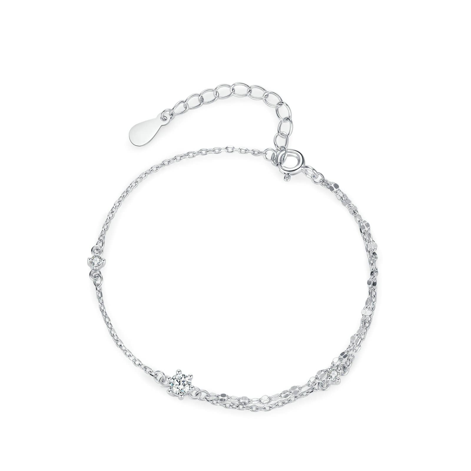 Braccialetto Oro Bianco 9K / 14K / 18K Donna, Catena a Doppio Strato con Moissanite, Regolabile 16 CM + 5 CM, Bracciale Catena Donna Argento