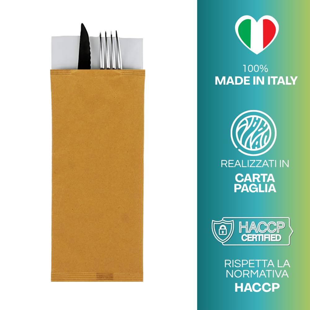 VIRSUS 1000 Buste portaposate Colore Avana Carta Paglia Dimensioni 10 x 25 cm con tovagliolo Doppio Velo