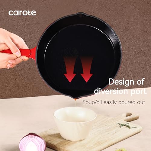 Image of CAROTE Enamel Cast Iron Skillet Frying Pan 10 Inch, 26cm -Red, Even Heat Distribution, Gas & Induction Compatible, Oven & Grill Safe, Non-Toxic & Durable Cookware, Ideal for Omelette, Shalow Frying
