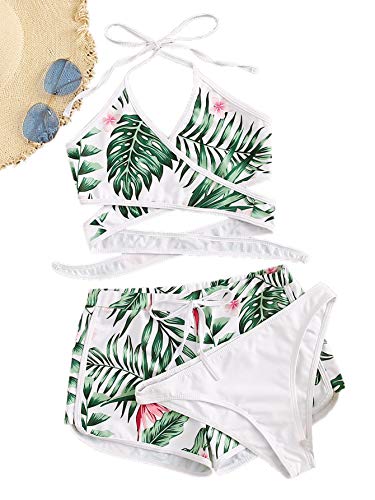 Sweatyrocks Women's Leaf Print Wrap Halter Top With Shorts 3Pack Bikini Set Green S #TOP3
