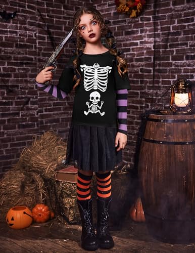 Image of Arshiner Girls Christmas Halloween Long Sleeve Shirts Graphic Stripe Plaid Patchwork Top Tee