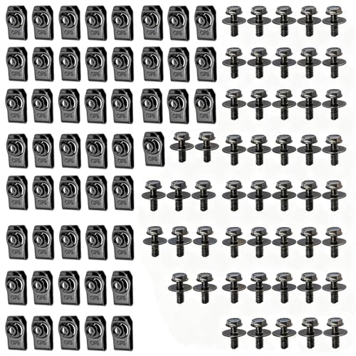 GUIHUAMIGA 100 PCS 6MM Engine Under Cover Body Bolts & U-Nut Clips, Splash Shield Guard Body Bolts Bumper Fender Fastener Rivet Clips and Extruded U-Nuts, Black