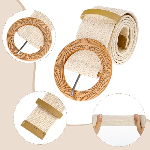 hoyuwak 2Pcs Women Straw Woven Waist Belt Round Buckles Elastic Wide Belts for Summer Dress Dance Braided Skinny Accessories4