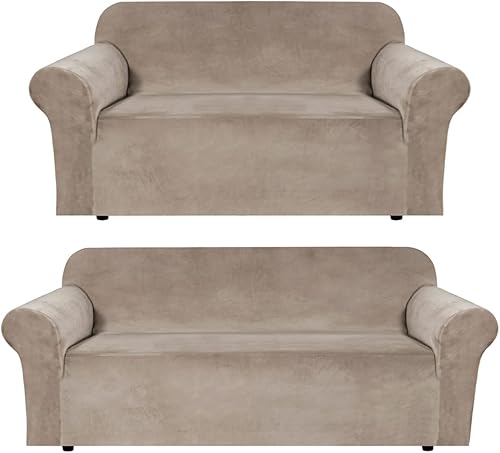 H.VERSAILTEX Funda elástica de terciopelo para sofá, fundas de sofá para sofá de 3 cojines (72-96 pulgadas, gris topo), funda para sofá biplaza,