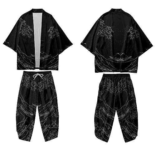 Image of DOSLAVIDA Men's Japanese Kimono Jacket Set Stylish Open Front Coat With Shorts Chinese Style Printed Cardigan Suit