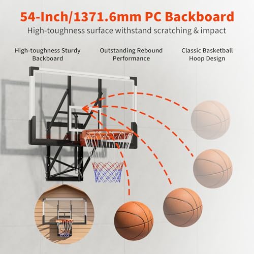 Image of 54 Inch Wall Mounted Basketball Hoop, 8-10 FT Adjustable Height Shatterproof PC Backboard Basketball Goal with 18 Inch Solid Rim for Indoor & Outdoor Use, Home, Gym, Backyard