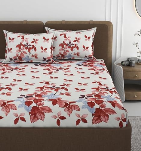 Image of 380 TC Premium Glace Cotton Elastic Fitted Bedsheet King Size with 2 Pillow Covers King Size | Double Bed with All Around Elastic (White Red, Fitted - 72 inchx78 inch King)