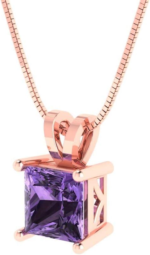 Clara Pucci 14K Rose Gold Plated Solitaire 18" Box-Chain Necklace - Sterling Silver 3ct Princess Cut Alexandrite Pendant - Image 2