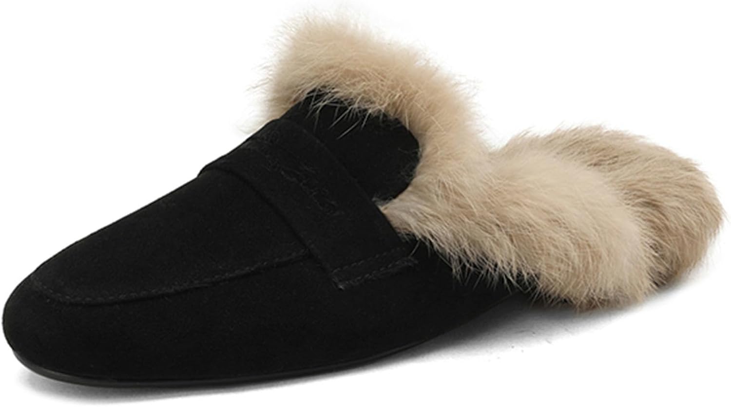 Bellirala Women's Rabbit Fur Lined Flat Mules & Clogs Fluffy Furry Slides Low Heels Loafers Faux Suede Closed Round Toe Backless Slippers Fall Winter Shoes