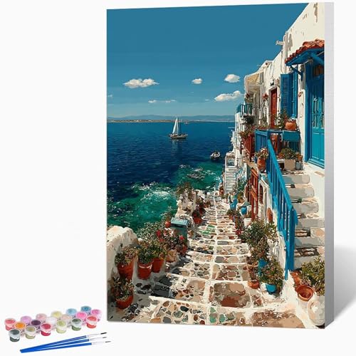 数字油絵 海 ペイントバイナンバー 風景, ナンバーペイント大人のDIYセット(ブラシとアクリル絵の具を含む)、クリエイティブな手作りの油絵セット、女性へのデジタル絵画ギフト、壁の装飾 40×50cm -WX251045F