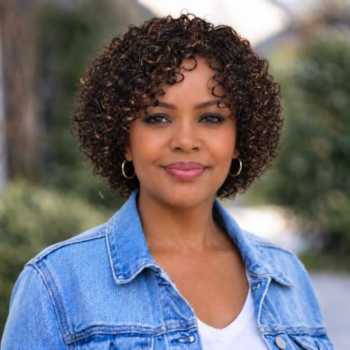 1B/30 Short Curly Human Hair Wig for Black Women, Soft Black Base with Warm Auburn Highlights Wear and Go Wig, No Lace No Glue Lightweight Breathable Curly Human Wigs for Mature Women Daily Wear