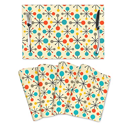 Mid Century Fifties Modern Atomic Retro Placemats Set of 4 Yellow Kitchen Table Mats for Dining Farmhouse Holiday Home Decor Linen Washable Place Mats 12