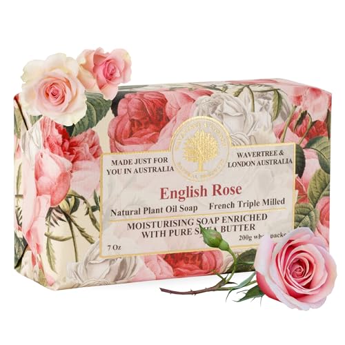 Wavertree & London English Rose Scented Natural Soap Bar, 7oz Moisturizing French Triple Milled Soap Bar for Women & Men Enriched with Organic Shea Butter, Pure Bath & Body Soap (1 Bar)