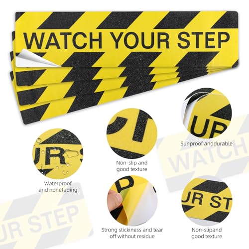 4 PCS Watch Your Step Floor Decals Stickers, Self Adhesive Anti Slip Abrasive Tape Watch Your Step Sign, Caution Stickers, Warning Sticker Adhesive Tape for Workplace Safety Wet Floor Caution