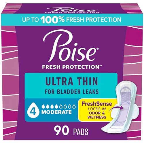 Poise Ultra Thin Incontinence Pads with Wings & Postpartum Incontinence Pads, 4 Drop Moderate Absorbency, Regular Length, 90 Count (3 Packs of 30), Packaging May Vary