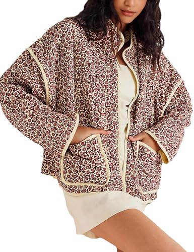 HangNiFang Women's Cropped Puffer Quilted Jacket Oversized Floral Printed Cardigan Winter Coat