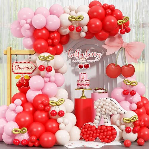 Froova Cherry Balloon Garland Arch Kit 115pcs Red and Pastel Pink White Metallic Gold Long Latex Balloons for Birthday Baby Shower Wedding Valentines Day Anniversary Cherry on Top Party Decorations