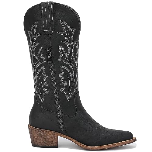 Image of GLOBALWIN Women's Mid Calf Western Cowboy Boots Cowgirl Boots for Women with Floral Embroidery Side Zipper Chunky Heel