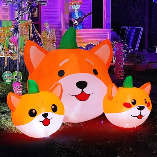 Image of GOOSH 5 FT Halloween Inflatables Ghost and 5 FT Long Halloween Inflatables Three Pumpkin Dog Head