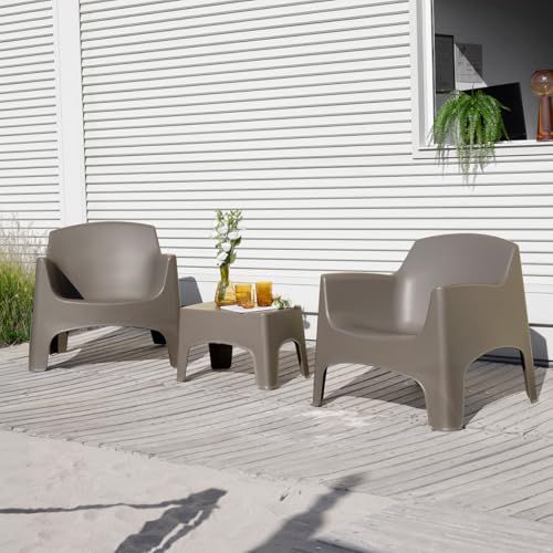 Tomaino - Salon de jardin Ibiza- Ensemble d'extérieur 2 fauteuils empilables avec accoudoirs et table basse en plastique - Salon pour balcon, terrasse et jardin (Taupe )