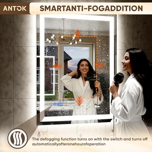 Antok 24"x 36" LED Bathroom Mirror with Lights, Anti-Fog, Dimmable, Lighted Vanity Mirror with Tempered Glass, Memory Function, 3 Light Modes, Safe Use, Horizontal, Vertical, Wall Mount - Image 4