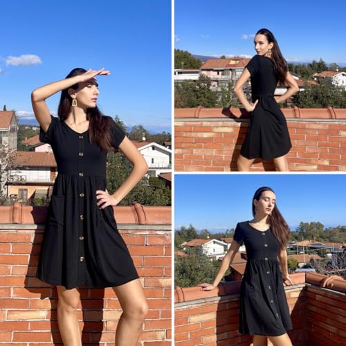 Zeagoo Sommerkleid Damen Elegant V-Ausschnitt Kleider Casual Kurzarm Kleid A-Linie Swing Strandkleid mit Taschen S-XXL – Bild 6