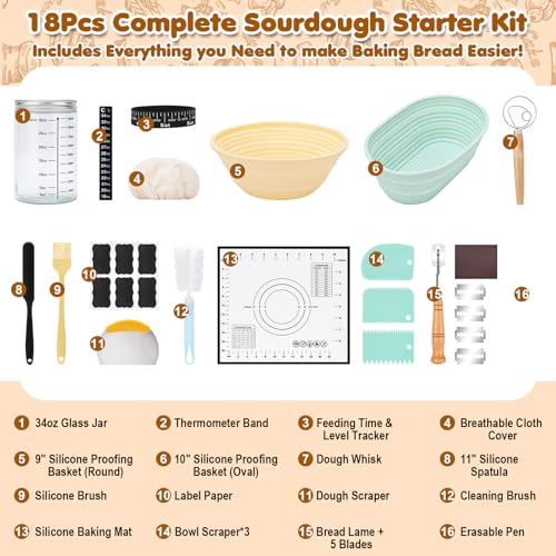 HK Sourdough Bread Starter Kit with 2 Sourdough Proofing Baskets(23cm Round & 25cm Oval), Sourdough Starter Jar(1000 ml), Thermometer, Feeding Time Tracker, Metal Scraper and Complete Supplies - Image 3