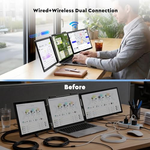 Image of Wireless Triple Portable Monitor，Laptop Screen Extender 14 inch, Wired Left Screen & Wireless Right Screen, 1080P FHD IPS Display Compatible with Mac M1 M2 M3 M4 Windows Android, Fits 14 inch-16 inch Laptops