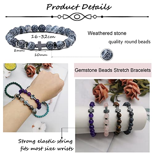 SAMOCO 12Pcs Natural Stone Beaded Bracelets for Women Men Semi-Precious Gemstones Bracelets Crystal Cross Beaded Bracelet Unisex Adjustable Stretch Bracelets 8MM3