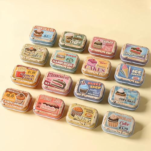 werdecade 8Pcs Mini Vintage Desserts Tin Trinket Jewelry Organizer Storage Box Decorative Boxes Small Metal Tins with Hinged Lids Portable Box Containers Small Storage Kit (Vintage Dessert)