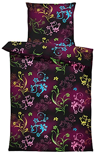 one-home Bettwäsche Mikrofaser Garnitur Bettbezug modern viele Muster mit Reißverschluss, Farbe:Blumen schwarz, Größe:2 teilig 135x200 cm
