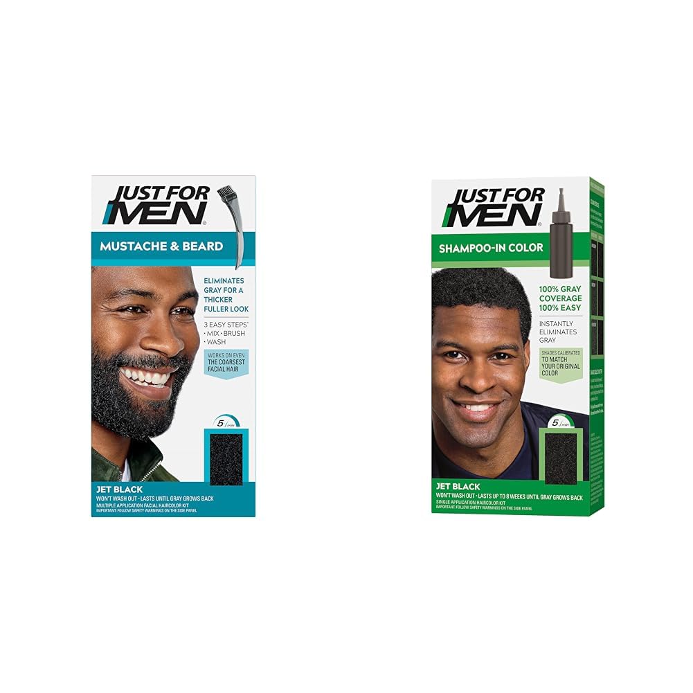 Just for MenMustache & Beard & Shampoo-In Color (Formerly Original Formula), Mens Hair Color with Keratin and Vitamin E for Stronger Hair - Jet Black, H-60, Pack of 1