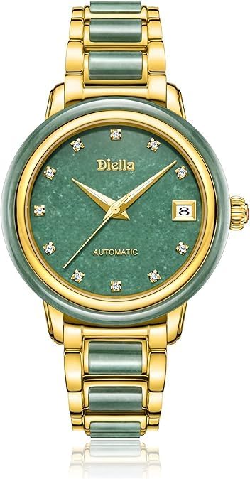 Diella Women's Automatic Mechanical Watches Luxury Ladies Dress Watch with Jade & Gold Stainless Steel (Model: AD6001L) (Green Jade and Gold)