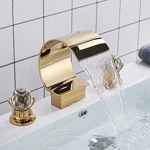 Fuz Polished Gold Bathroom Faucet 3 Hole Dual Crystal Knobs Widespread 3 Holes Vanity Basin Mixer Tap Bathtub Filler Faucet Waterfall Faucet For Bathroom Sink… #TOP5