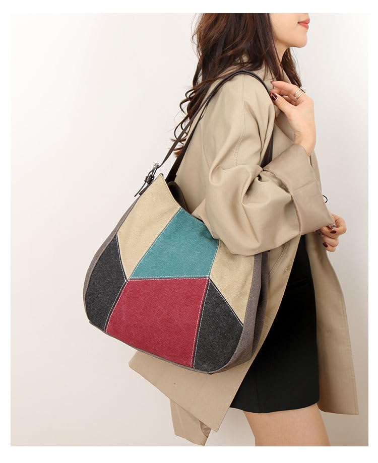 Patchwork Clash Lienzo Gran Capacidad Literatura Bandolera Crossbody Bolsa Bolsa de Viaje Caqui Rojo Púrpura Patchwork Bolsa de Lona