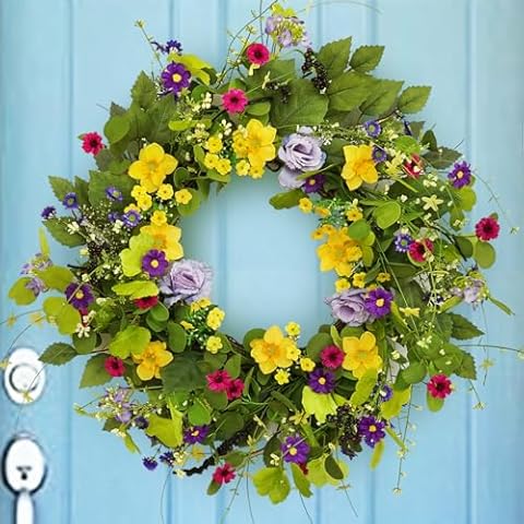 Spring Wreaths for Front Door, Soomeir Summer Outdoor Wreath with Yellow and Purple Daisy, Green Floral Door Decor for All Season Home Wall Wedding Farmhouse Holiday Cover