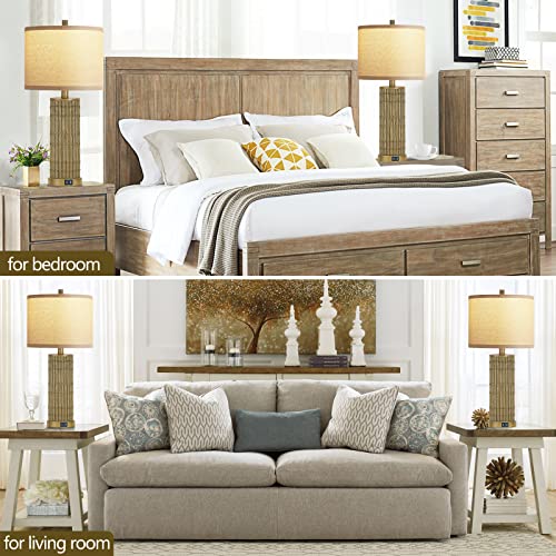 Wihtu Table Lamps Set Of 2 With 2 Charging Ports Ac Outlet, 27" High Bamboo Bedside Lamp For Bedroom Living Room Farmhouse Office, Rustic Resin Classic Bedside Table Lamp Brown, Bulb Included #TOP6