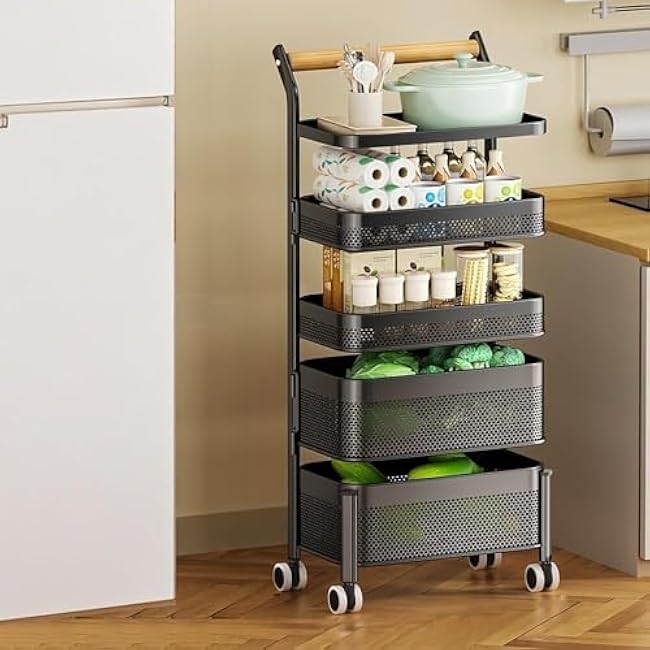 Multilayer Rolling Cart with Lockable Wheels, Metal Storage Baskets Trolley with Adjustable Height for Kitchen, Bedroom, or Living Room-sdhkSmKT