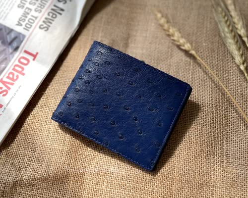 Image of HATA Navy Blue Mens Ostrich Leather Bifold Wallet Double Side RFID Blocking Luxury Large Capacity Credit Card Holder Front Pocket Slim Wallet Gift For Him Handmade Vietnamese VINAMOS-04