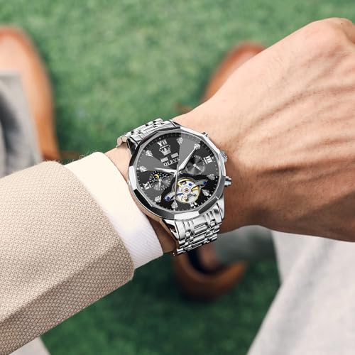 Image of OLEVS Men Automatic Watch Diamond Skeleton Mechanical Luxury Self Winding Moon Phase Calendar Waterproof Wrist Watch for Men