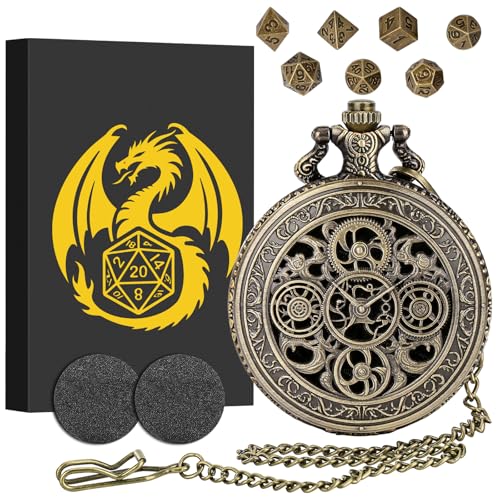 Mini DND Dice Set with Steampunk Hollow Gear Pocket Watch