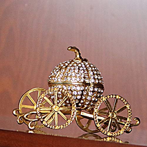 Hophen Pumpkin Carriage Decorative Rhinestones Hinged Jewelry Trinket Box Figurine Collectible Ornament Christmas Gift (Gold) #TOP4