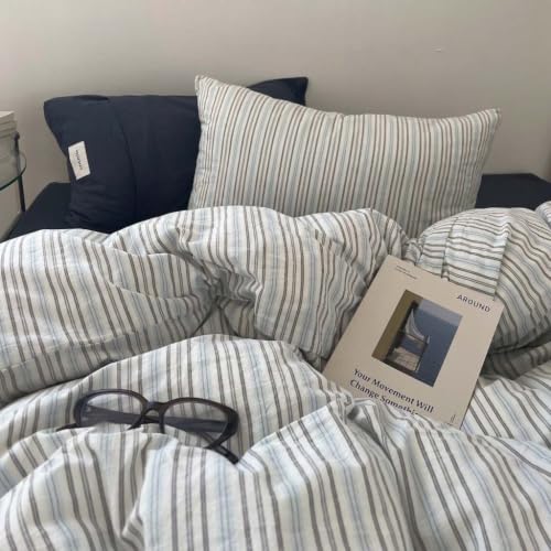 Image of Nayoroom Striped Duvet Cover Queen Size Blue White Striped Duvet Cover Aesthetic Dorm Bedding Set 3 Pieces Soft Lightweight Microfiber Farmhouse Bedding Set Gifts for Women Men